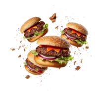 AI Generated Grill burger set, realistic 3d burgers falling in the air, grilled meat collection, ultra realistic, icon, falling, flying, detailed, angle view food photo, burger composition png