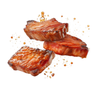 AI Generated Grill Pork Chops steaks, Beef steak realistic 3d brisket flying in the air, grilled meat collection, ultra realistic, icon, detailed, angle view food photo, steak composition png