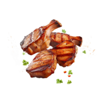 AI Generated Grill Pork Chops steaks, Beef steak realistic 3d brisket flying in the air, grilled meat collection, ultra realistic, icon, detailed, angle view food photo, steak composition png