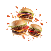 ai gegenereerd rooster hamburger set, realistisch 3d hamburgers vallend in de lucht, gegrild vlees verzameling, ultra realistisch, icoon, vallen, vliegen, gedetailleerd, hoek visie voedsel foto, hamburger samenstelling png