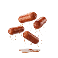 AI Generated Grill sausages, realistic 3d sausage flying in the air, grilled meat collection, ultra realistic, icon, detailed, angle view food photo, sausage composition png