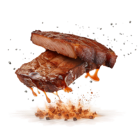 ai generado parrilla Cerdo labios filetes, carne de vaca filete realista 3d falda volador en el aire, A la parrilla carne recopilación, ultra realista, icono, detallado, ángulo ver comida foto, filete composición png