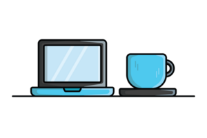 Laptop with Coffee Cup illustration. Technology and drink objects icon concept. Workspace with laptop and coffee cup design. png