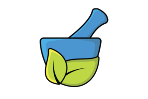 Mortar and Pestle with green leaves illustration. Healthcare medicine and pharmacy equipment icon concept. Homeopathy creative logo design for use in medicine, rehabilitation or pharmacology. png