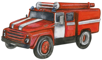 Watercolor red fire truck. Rescue car. png