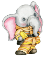 Watercolor Fire elephant in yellow uniform. png