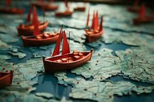 Collective journey Red leader boat guides paper boats on map, illustrating teamworks success AI Generated photo