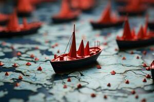 Synchronized triumph Red leader boat guides paper boats on map, depicting teamworks impact AI Generated photo