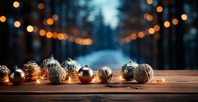 Panoramic Christmas background, bright beautiful New Year's balls on a blurred background - AI generated image photo