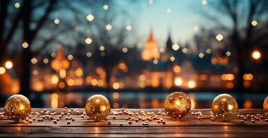 Panoramic Christmas background, bright beautiful New Year's balls on a blurred background - AI generated image photo