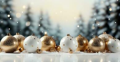 Panoramic Christmas background, light New Year balls on a blurred background - AI generated image photo