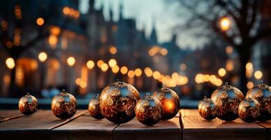 panorámico Navidad fondo, brillante hermosa nuevo años pelotas en un borroso antecedentes - ai generado imagen foto
