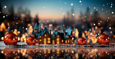 Panoramic Christmas background, bright beautiful New Year's balls on a blurred background - AI generated image photo