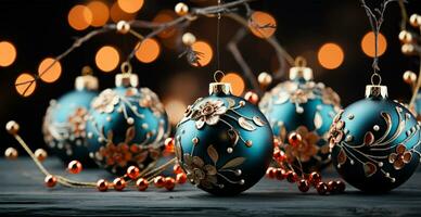 Panoramic Christmas background, bright beautiful New Year's balls on a blurred background - AI generated image photo