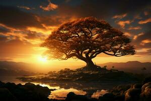 Golden sentinel Sun kissed tree silhouette stands amidst radiant sunbeam backdrop AI Generated photo