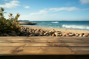 Seaside showcase Blurred beach backdrop complements wood deck for product displays AI Generated photo