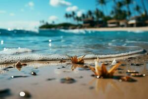 vacaciones vibraciones arena y borroso palma con playa bokeh simbolizar idílico viaje ai generado foto