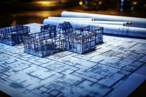 Blueprint organization Rolled architectural plans neatly placed on table, creative work environment AI Generated photo