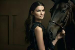 Woman black horse. Generate Ai photo