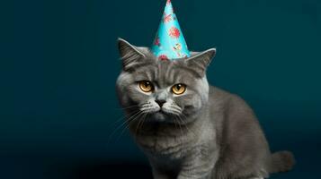 gato con cumpleaños sombrero, gatito cumpleaños, aislado en azul antecedentes ai generado foto