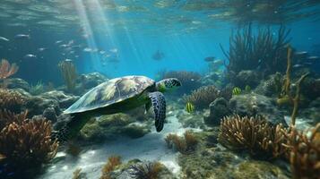 Underwater wonderland of vibrant fish and turtle AI Generated photo