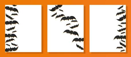 Set of banner designs for Happy Halloween with bats. White templates on orange background. Vector