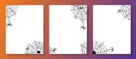 Set of banner designs for Happy Halloween with cobwebs and spiders. White templates on orange gradient background. Vector