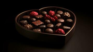 decadente delicias, en forma de corazon caja lleno con delicioso chocolate dulces. ai generado foto
