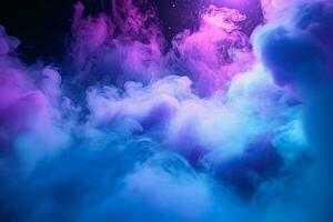 envuelto en fumar, vibrante púrpura y azul reflectores crear intriga. ai generado foto
