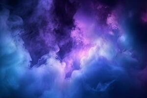 sereno oscuridad envuelto por púrpura y azul reflectores en medio de fumar. ai generado foto