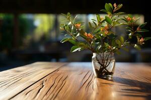 Tiny tree adorns wooden surface, merging natures beauty with interior charm AI Generated photo