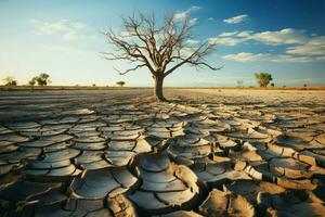 Tree stands in cracked earth, depicting climate crisis, water scarcity from global warming AI Generated photo