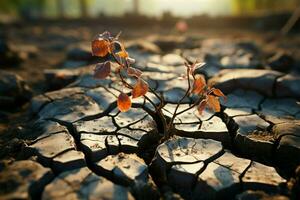 Tree flourishes on cracked ground, signifying water shortage due to climate change AI Generated photo