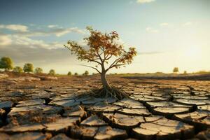 Tree on cracked ground signifies climate change impact, drought, and environmental crisis AI Generated photo