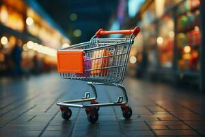 Supermarket spree Shopping cart against blurred store bokeh backdrop captures retail ambiance AI Generated photo