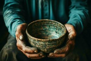 Weathered hands, empty bowl on wood backdrop, evoke the harshness of hunger AI Generated photo