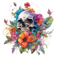 abstrakt Aquarell Schädel mit Blumen, Aquarell Blumen- Schädel Design zum Halloween Tag, generativ ai png