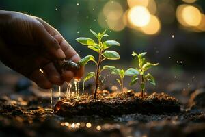 semillas de vida mano vierte suelo en verde Bokeh, nutriendo crecimiento o memoria ai generado foto