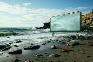 Billboard by the waves Unfilled display contrasting with sea background on beach AI Generated photo