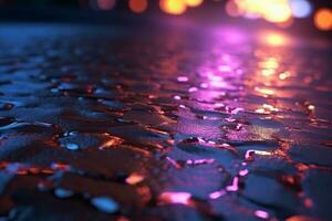 Glistening asphalt reflecting neon lights, searchlight, and abstract smoky glow. AI Generated photo