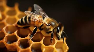 buscando néctar abeja en panal con Copiar espacio ai generado foto