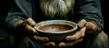 Poor old mans hands with empty bowl, symbolizing hunger and poverty AI Generated photo