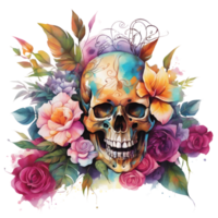 Abstract Watercolor Skull With Flowers, Watercolor Floral Skull Design For Halloween Day, Generative AI png