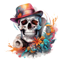 Abstract Watercolor Skull With Flowers, Watercolor Floral Skull Design For Halloween Day, Generative AI png