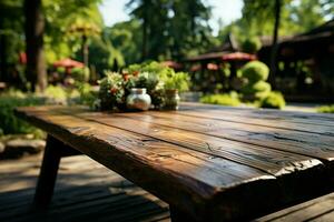 Outdoor exhibit platform Unoccupied wooden table in park, perfect for nature themed presentations AI Generated photo