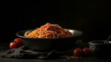 italiano alimento. espaguetis pasta en negro plato en oscuro antecedentes ai generado foto