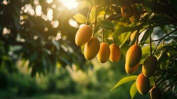 tropical maduro amarillo mango Fruta colgando en árbol rama con hermosa granja y luz de sol ai generado foto