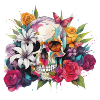 Abstract Watercolor Skull With Flowers, Watercolor Floral Skull Design For Halloween Day, Generative AI png