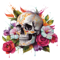 Abstract Watercolor Skull With Flowers, Watercolor Floral Skull Design For Halloween Day, Generative AI png