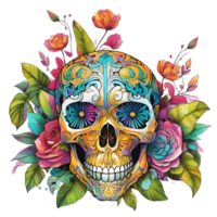 Abstract Watercolor Skull With Flowers, Watercolor Floral Skull Design For Halloween Day, Generative AI png